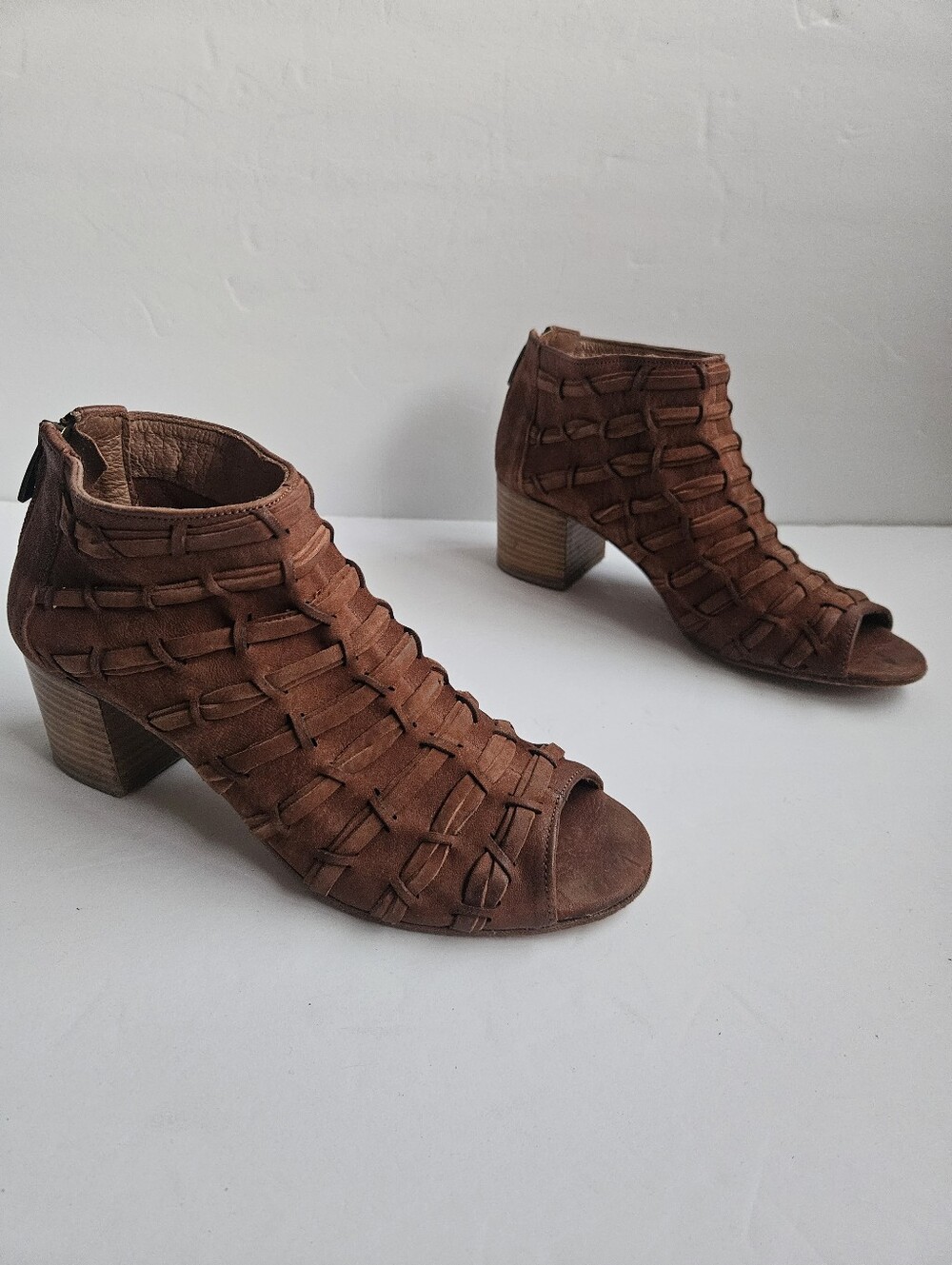 Ron White Brick Orange Woven Nubuck Leather Peep Toe Block Heel Booties